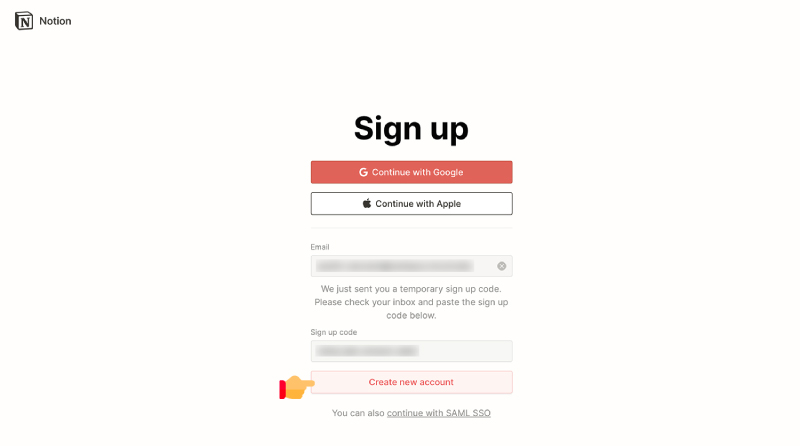 Bước 3: Truy cập vào email để lấy mã code nhập vào ô Sign up code. Sau đó nhấn Create new account.