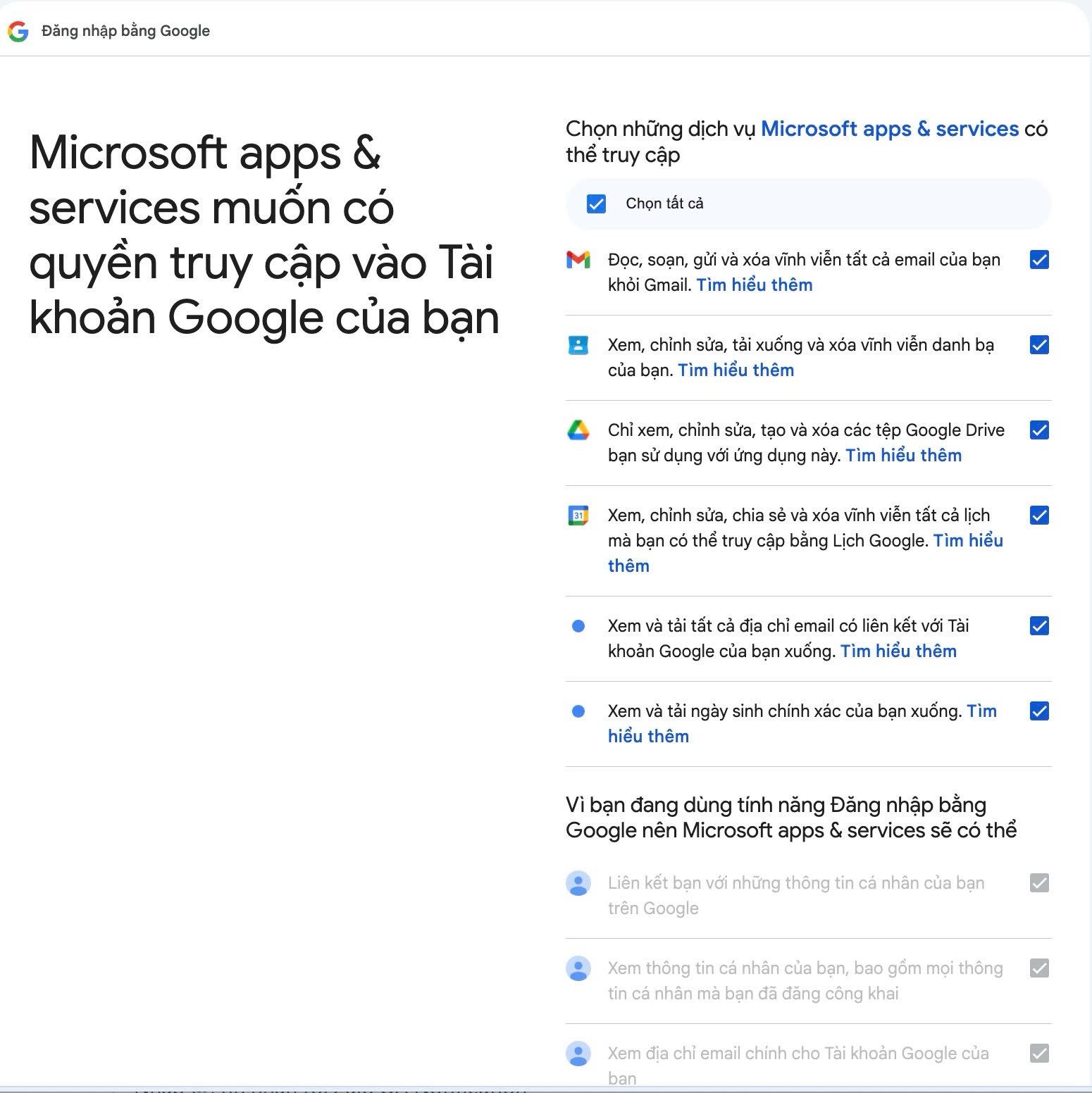 Cấp quyền yêu cầu truy cập tài khoản Gmail của Microsoft